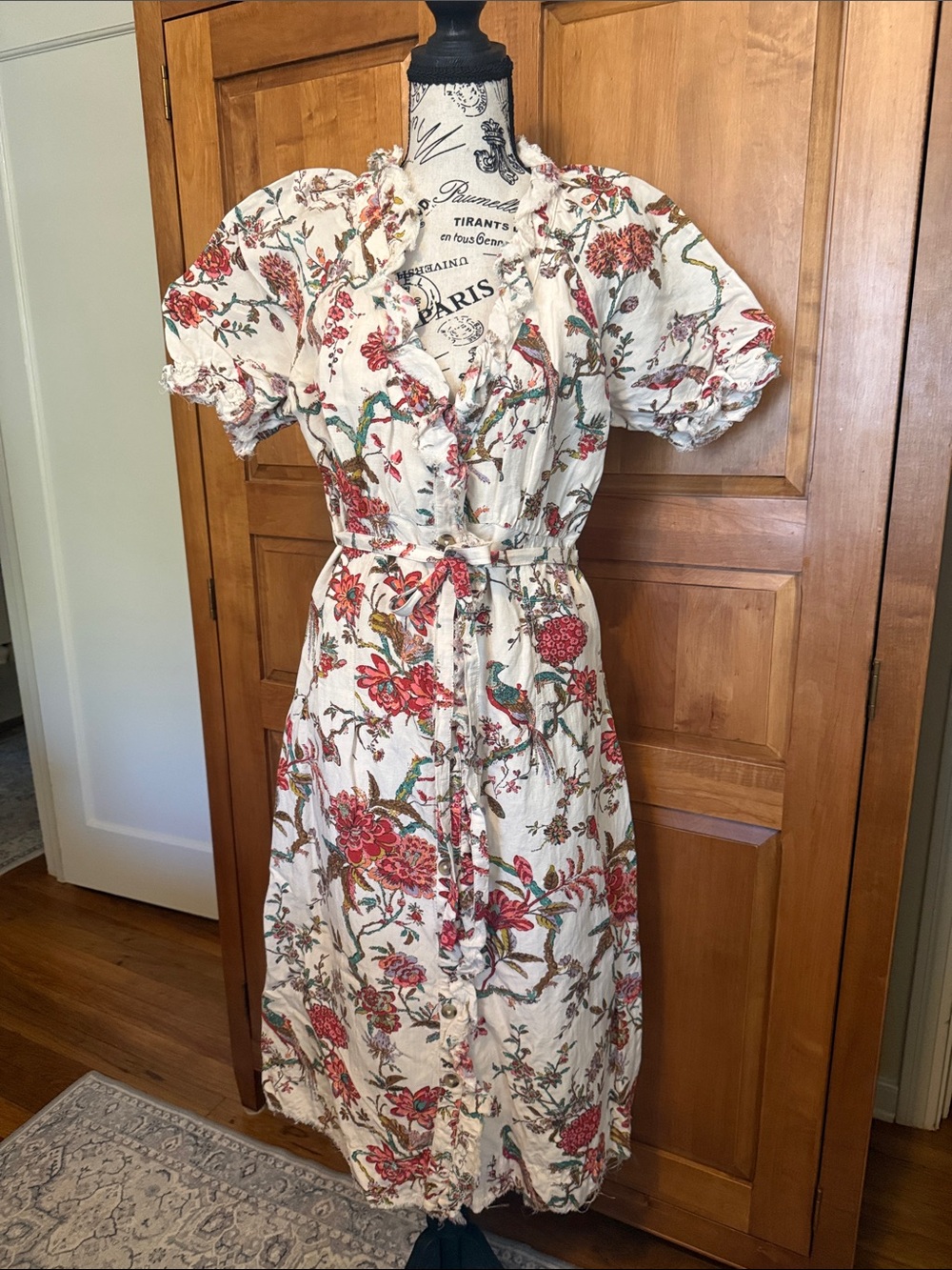 PILCRO Floral Puff-Sleeve Midi Dress - White with Red Floral